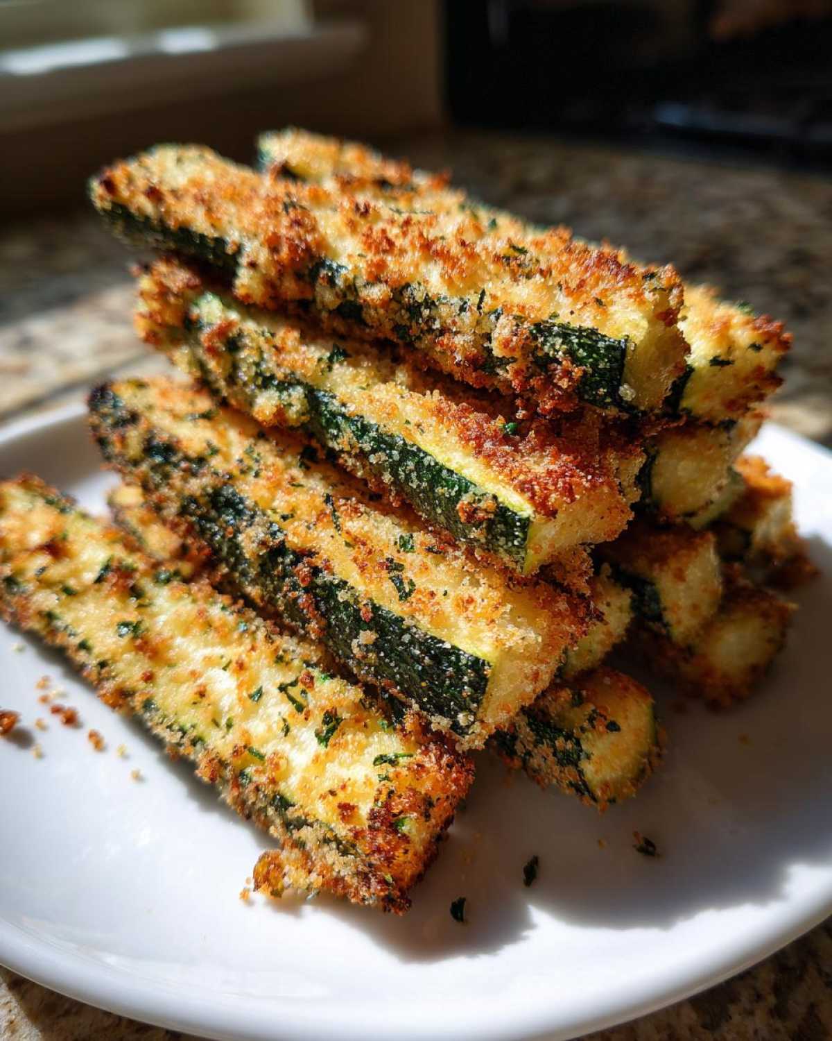 A stack of golden brown Air Fryer Crispy Parmesan Crusted Zucchini Spears piled on a white plate.