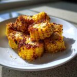 Close-up of golden, crispy Air Fryer Crispy Parmesan Garlic Corn Ribs stacked on a white plate.