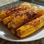 Four pieces of golden Air Fryer Crispy Parmesan Garlic Corn Ribs, seasoned and slightly charred, served on a white plate.