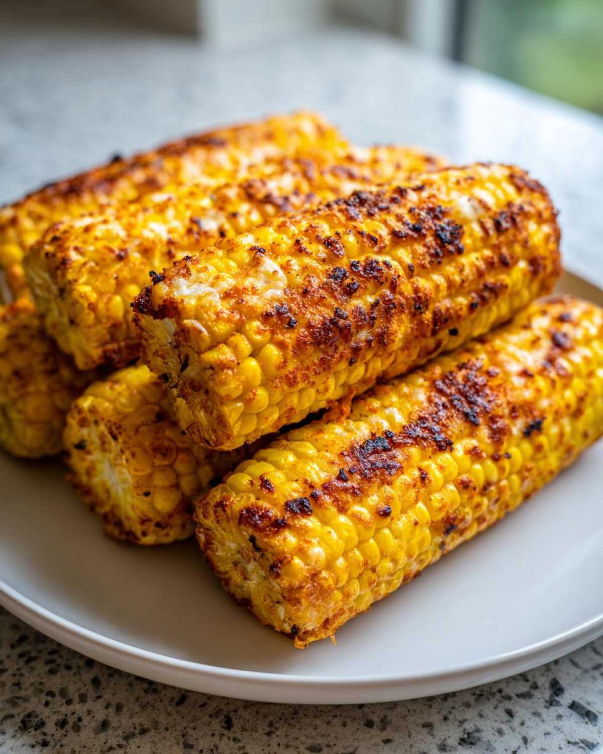 A stack of golden, crispy Air Fryer Crispy Parmesan Garlic Corn Ribs piled on a white plate.