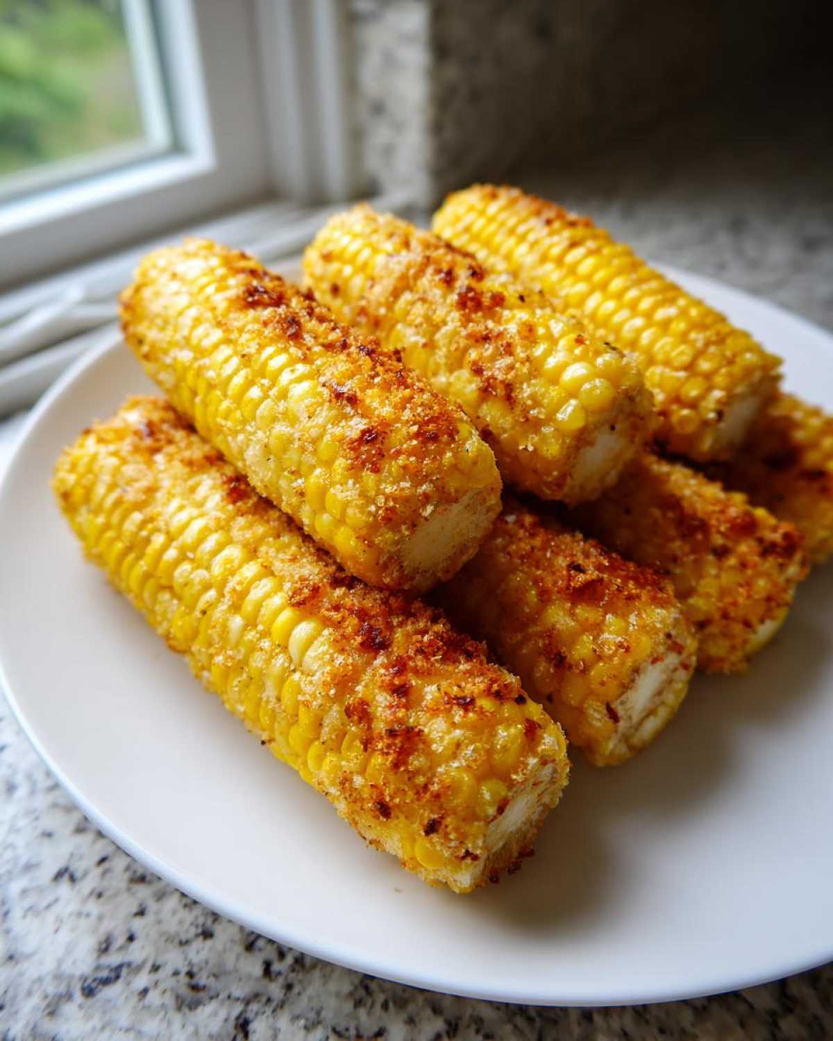 A plate of golden Air Fryer Crispy Parmesan Garlic Corn Ribs, seasoned and ready to eat.