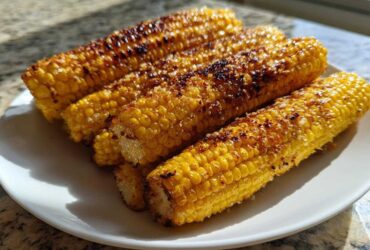 Four pieces of golden Air Fryer Crispy Parmesan Garlic Corn Ribs, seasoned and slightly charred, served on a white plate.