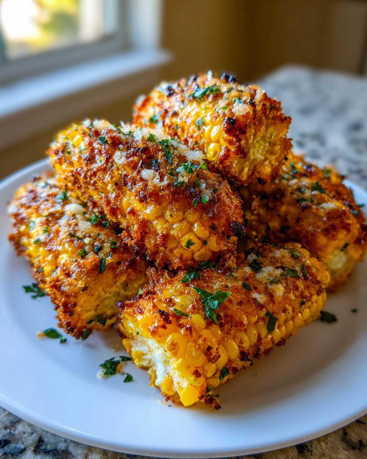 A stack of golden brown Air Fryer Crispy Parmesan Garlic Corn Ribs topped with grated cheese and parsley.