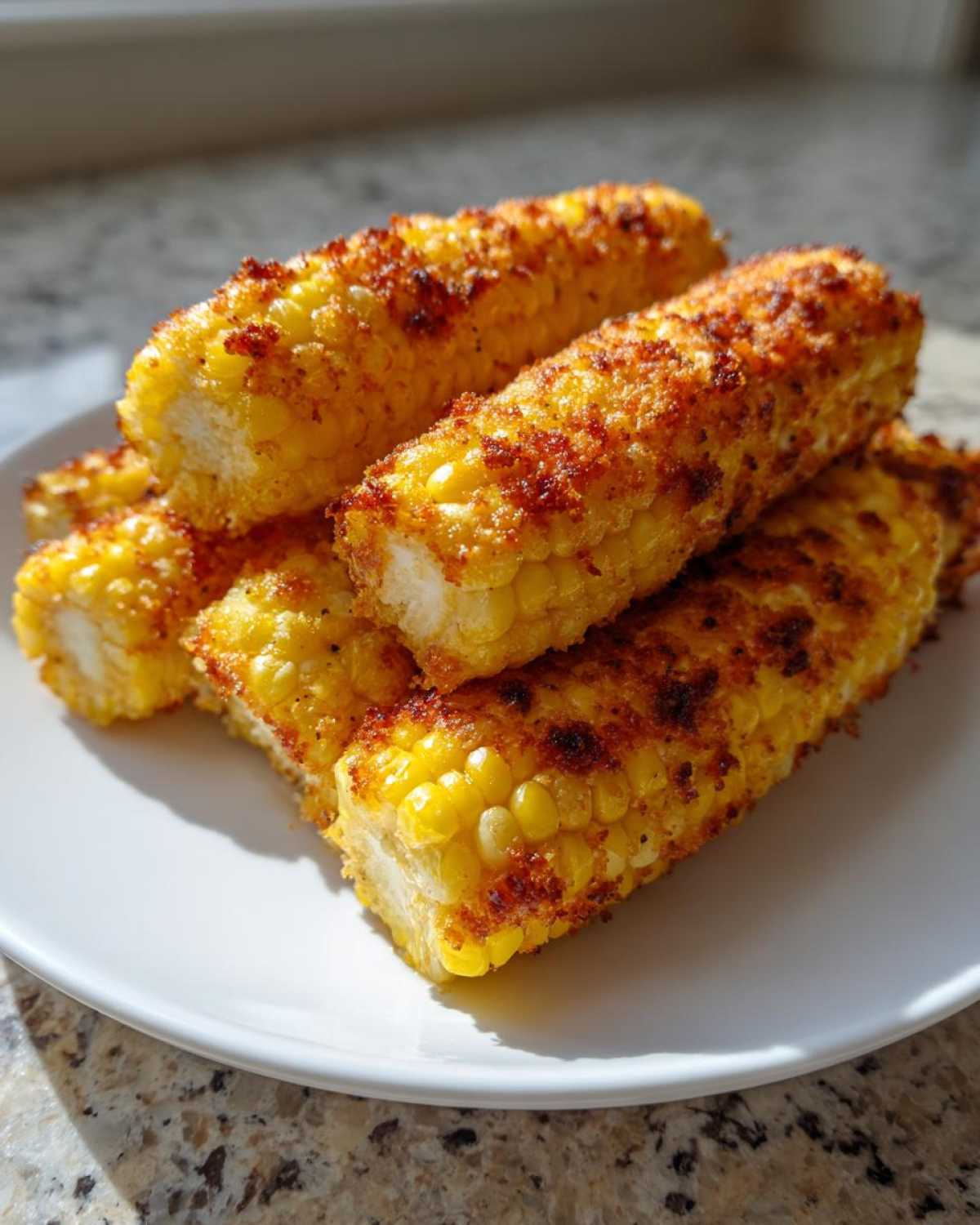 A stack of golden brown Air Fryer Crispy Parmesan Garlic Corn Ribs piled on a white plate.