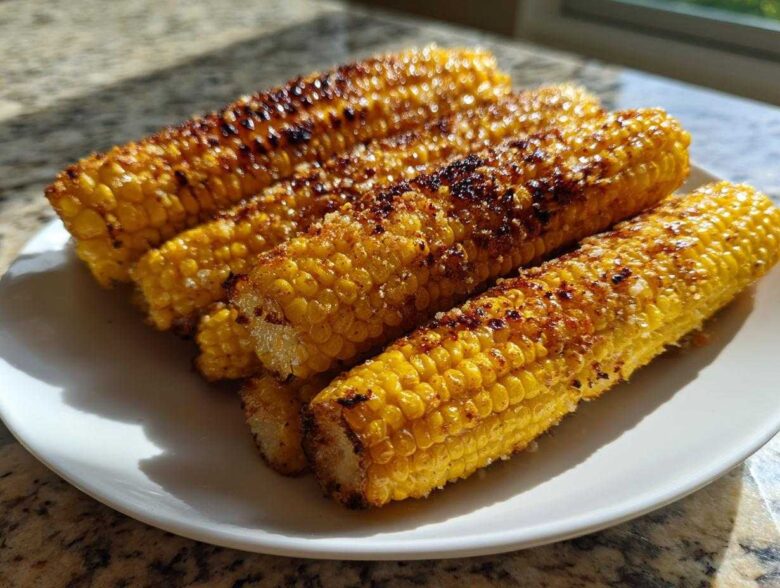 Four pieces of golden Air Fryer Crispy Parmesan Garlic Corn Ribs, seasoned and slightly charred, served on a white plate.