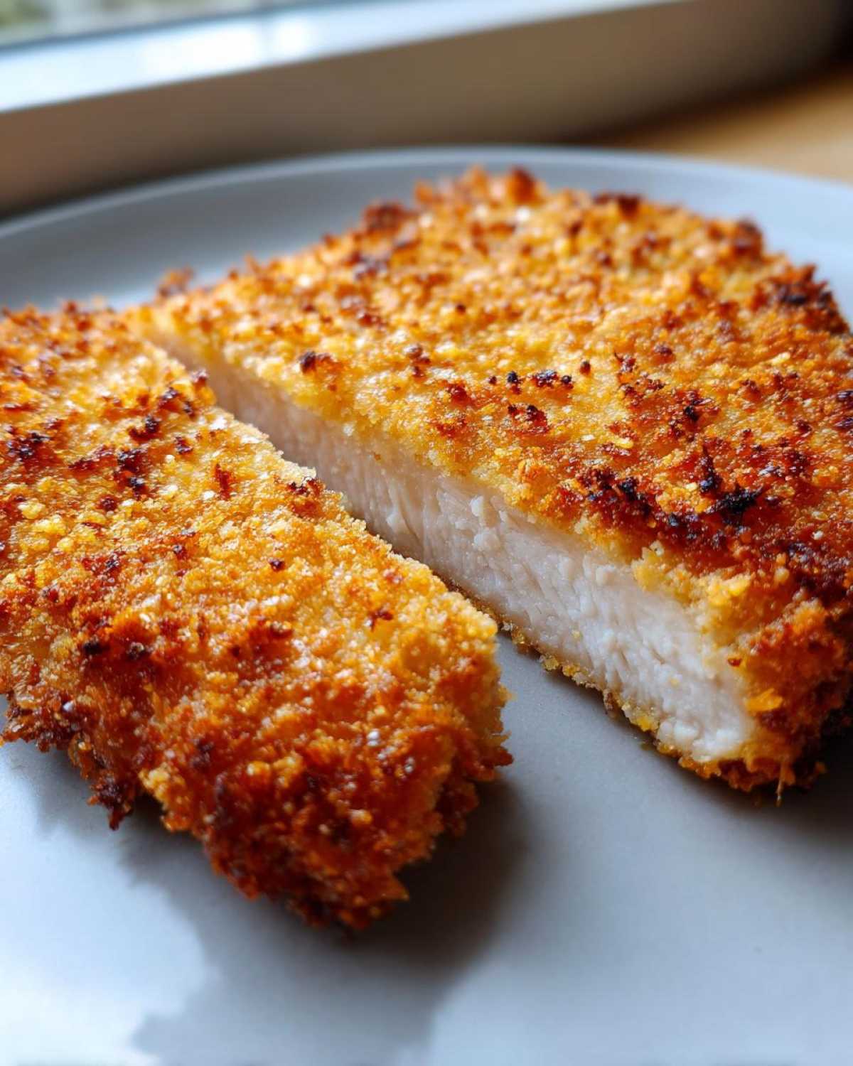 Close-up of Air Fryer Crispy Parmesan Pork Schnitzel cut in half, showing juicy white meat and golden crust.