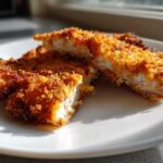 Two pieces of golden brown Air Fryer Crispy Parmesan Pork Schnitzel cut in half, showing the juicy white interior.