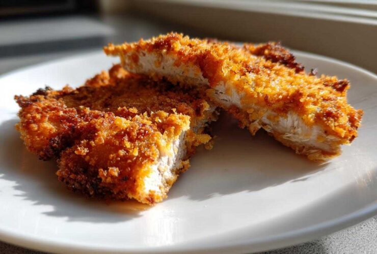 Two pieces of golden brown Air Fryer Crispy Parmesan Pork Schnitzel cut in half, showing the juicy white interior.