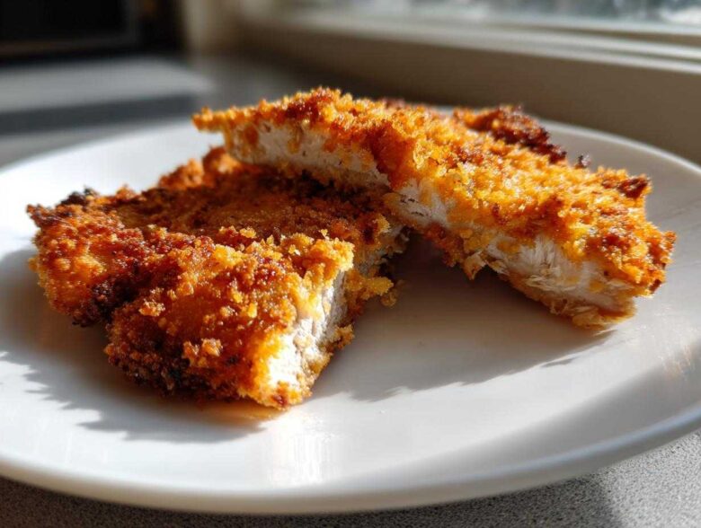 Two pieces of golden brown Air Fryer Crispy Parmesan Pork Schnitzel cut in half, showing the juicy white interior.
