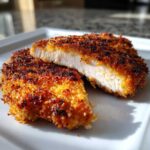 Close-up of Air Fryer Crispy Parmesan Pork Schnitzel, showing a perfectly cooked white interior and golden-brown, crunchy crust.