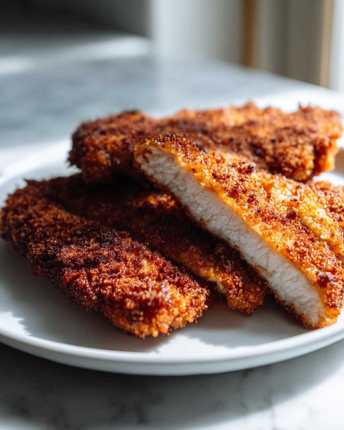 Close-up of Air Fryer Crispy Parmesan Pork Schnitzel, showing the golden-brown crust and juicy white interior.
