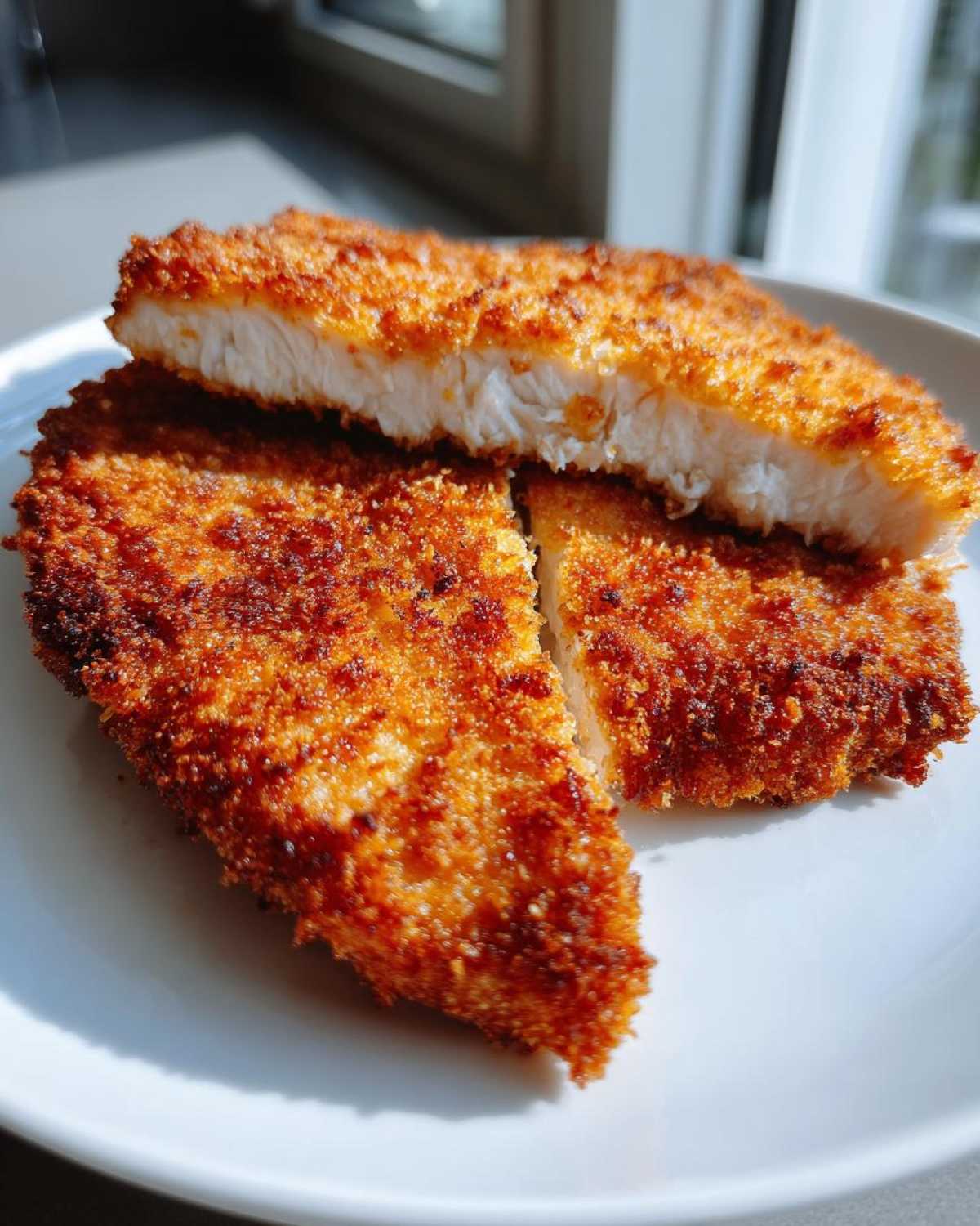 Close-up of Air Fryer Crispy Parmesan Pork Schnitzel, showing the golden crust and juicy white interior.