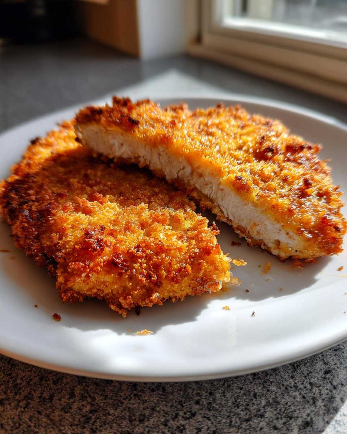 Two pieces of golden brown Air Fryer Crispy Parmesan Pork Schnitzel on a white plate, one cut open showing the white meat inside.