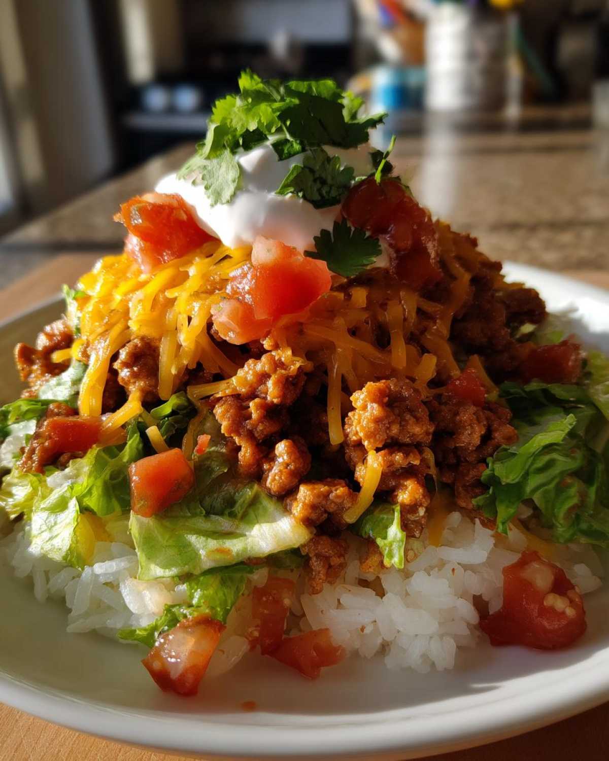 A close-up of an Air Fryer Crispy Turkey Taco Bowl featuring seasoned ground turkey, shredded cheese, lettuce, tomatoes, and sour cream on rice.
