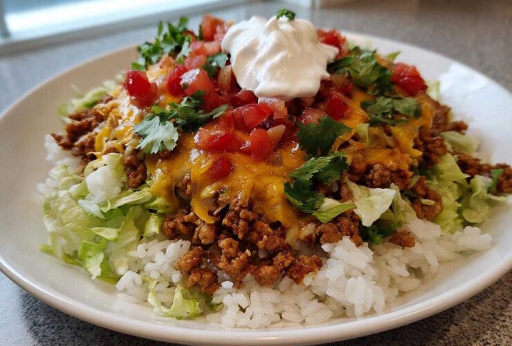 A close-up of a finished Air Fryer Crispy Turkey Taco Bowls featuring rice, seasoned ground turkey, melted cheese, lettuce, tomatoes, and sour cream.