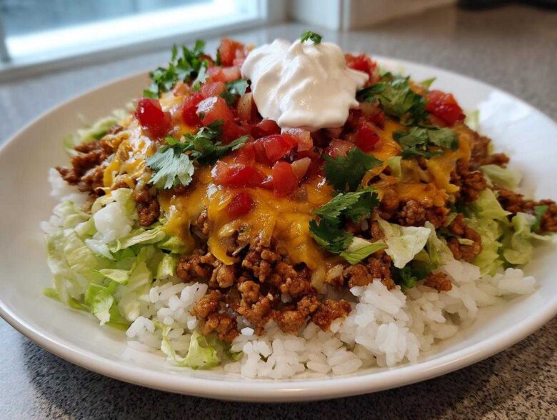 A close-up of a finished Air Fryer Crispy Turkey Taco Bowls featuring rice, seasoned ground turkey, melted cheese, lettuce, tomatoes, and sour cream.