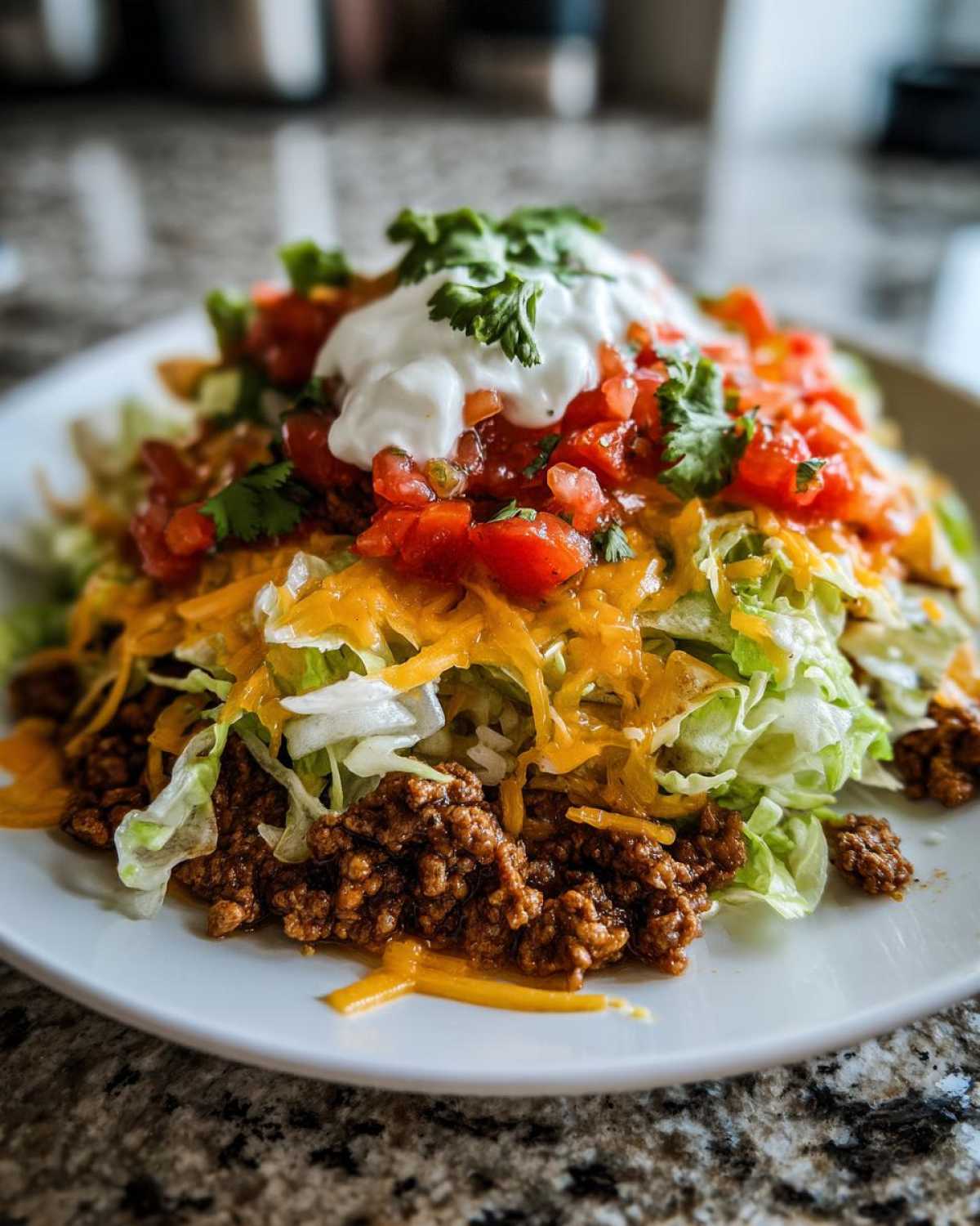 A loaded plate featuring Air Fryer Crispy Turkey Taco Bowls with seasoned ground turkey, lettuce, cheese, salsa, and sour cream.
