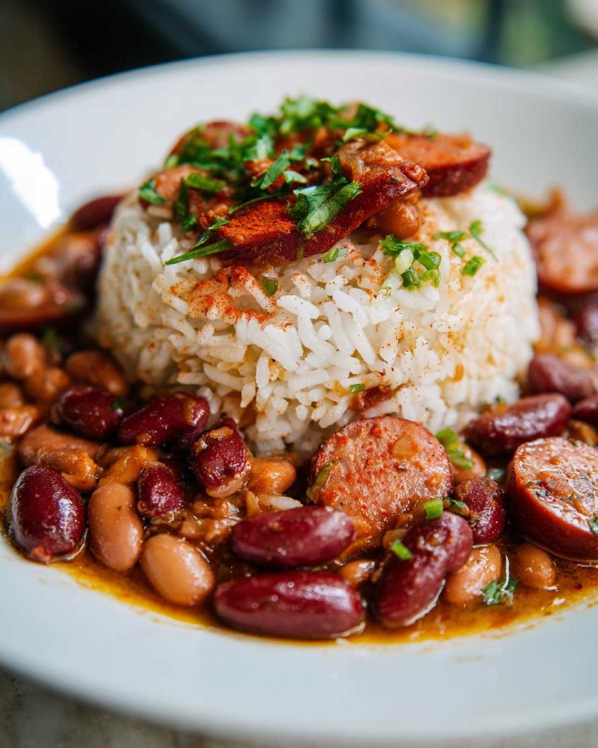 A close-up of amazing beans and rice served in a white bowl, topped with sliced sausage and fresh herbs.