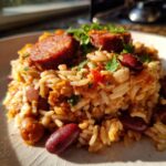Close-up of flavorful beans and rice mixed with kidney beans, topped with slices of smoked sausage and fresh parsley.