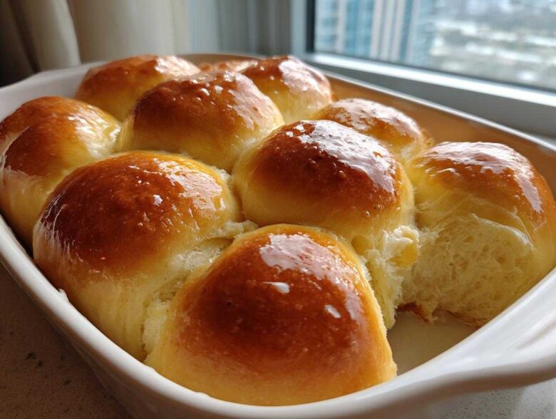 A close-up of golden brown, glossy, buttery rolls baked together in a white rectangular dish.