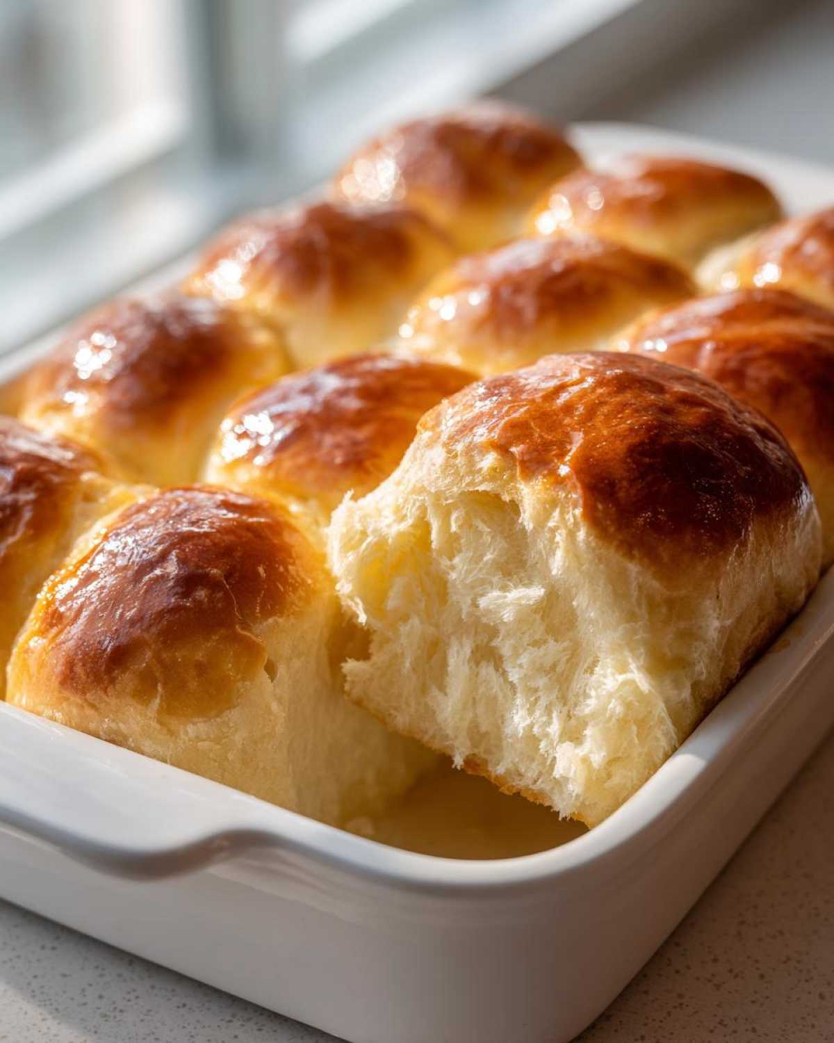 Close-up of golden brown, shiny buttery rolls in a white baking dish, one roll pulled apart showing soft interior.