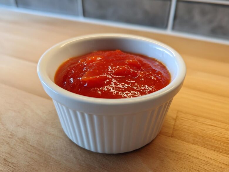 Close-up of bright red homemade cocktail sauce recipe served in a small white fluted ramekin.