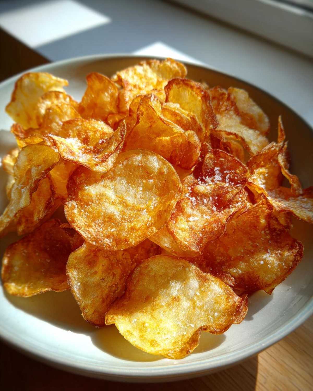 A bowl overflowing with golden, crispy homemade potato chips seasoned with visible salt crystals.