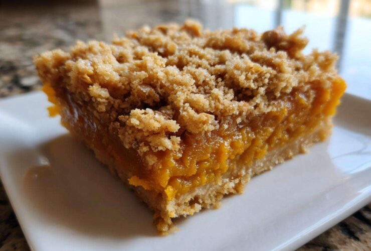 A close-up shot of a thick, square slice of pumpkin crisp bar with a gooey orange filling and crumbly topping.