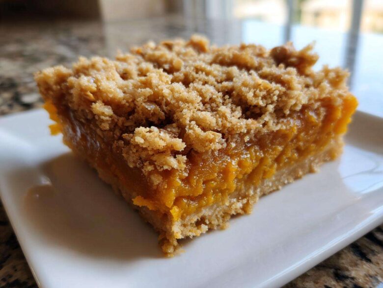 A close-up shot of a thick, square slice of pumpkin crisp bar with a gooey orange filling and crumbly topping.