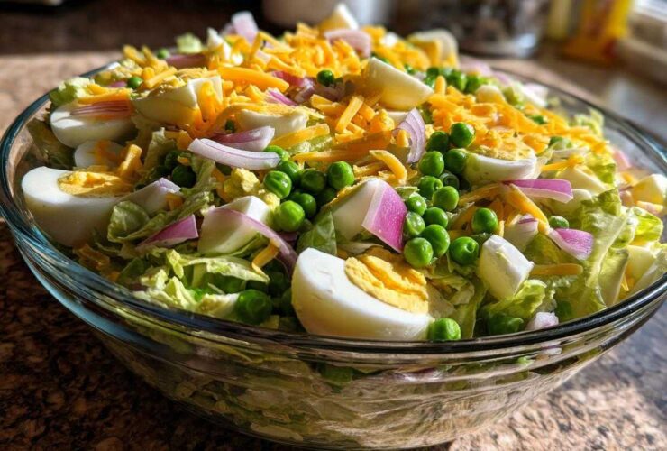 Close-up of a beautiful seven layer salad topped with shredded cheddar, hard-boiled eggs, peas, and red onion.