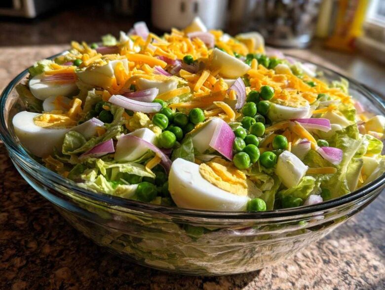 Close-up of a beautiful seven layer salad topped with shredded cheddar, hard-boiled eggs, peas, and red onion.