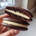 A hand holds two chocolate whoopie pies, one cut in half to show the fluffy white cream filling.