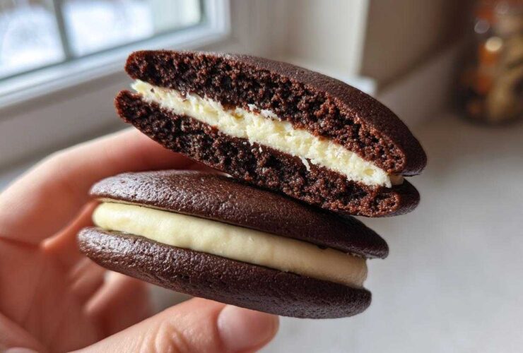 A hand holds two chocolate whoopie pies, one cut in half to show the fluffy white cream filling.