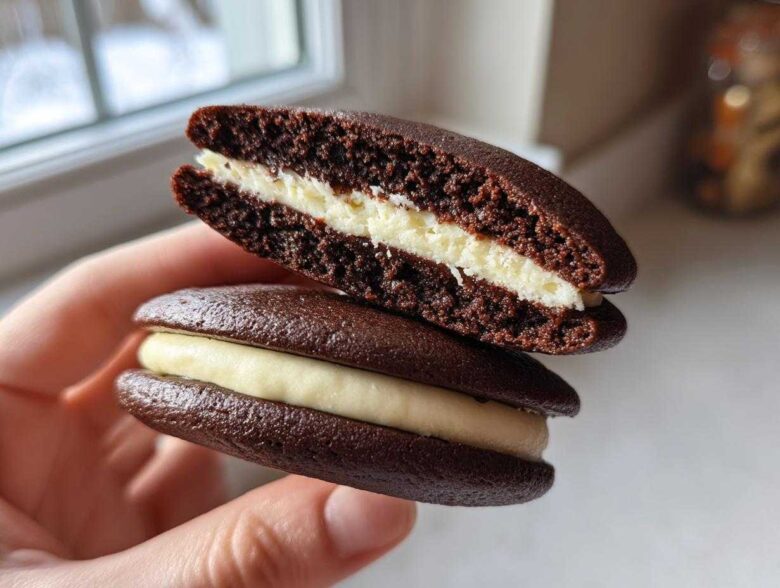 A hand holds two chocolate whoopie pies, one cut in half to show the fluffy white cream filling.
