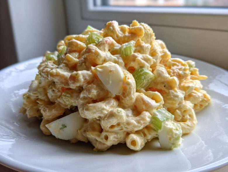 A generous scoop of creamy Amish macaroni salad featuring elbow pasta, celery, and hard-boiled egg chunks, served on a white plate.