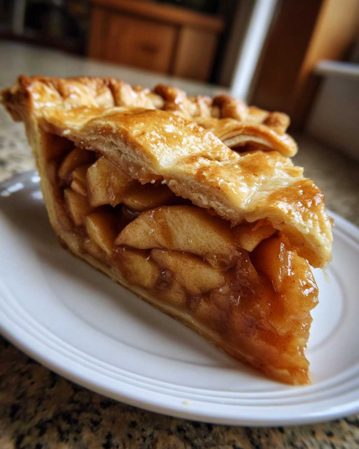 Close-up of a thick slice of apple pies showing caramelized apple filling and a golden, flaky lattice crust.