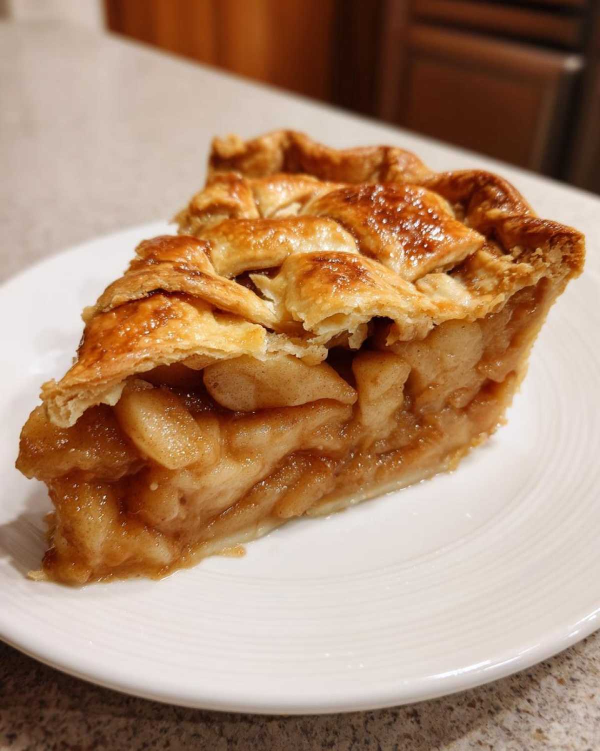Close-up of a perfect slice of apple pies showing thick, gooey filling and a golden lattice crust.
