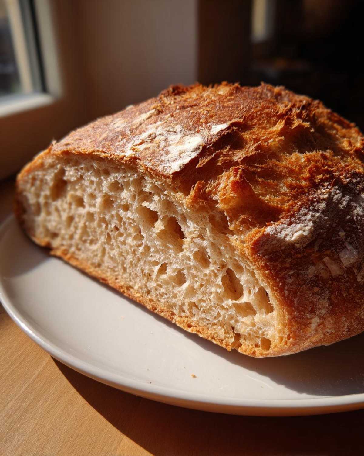 Close-up of a freshly baked artisan bread loaf, showing the open, airy crumb structure and a deeply browned, crisp exterior.
