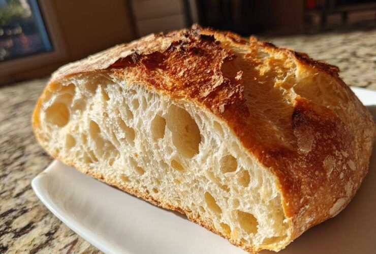 Cross-section of artisan bread showing an open, airy crumb structure and a deeply browned, crisp crust.