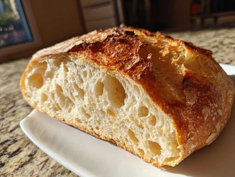 Cross-section of artisan bread showing an open, airy crumb structure and a deeply browned, crisp crust.