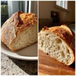 A split view showing the golden crust and open crumb structure of homemade artisan bread.