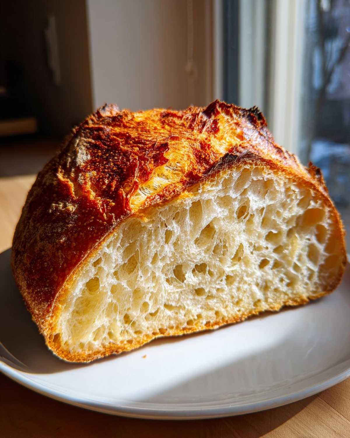 Close-up of a freshly baked artisan bread loaf cut in half, showing a beautifully open crumb structure and dark, crisp crust.