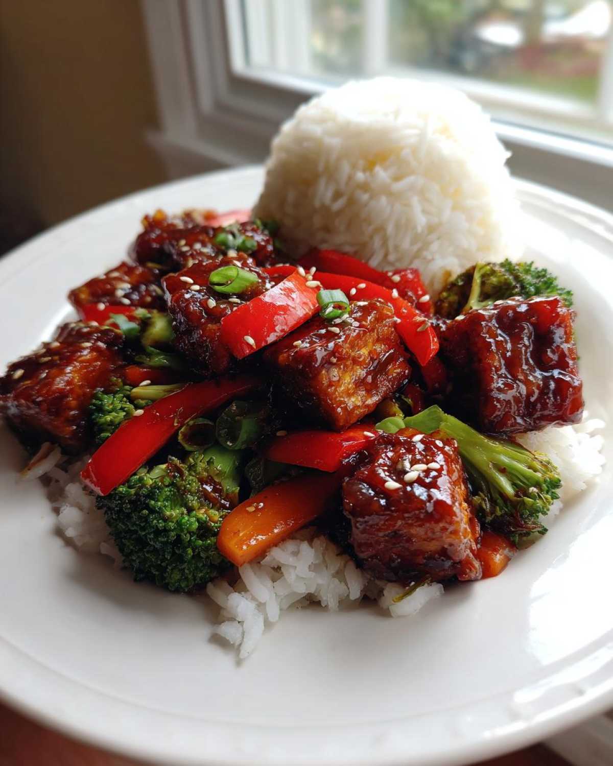 Close-up of a plate featuring an Asian inspired Tofu Dish With Rice and Vegetables, coated in a dark glaze.