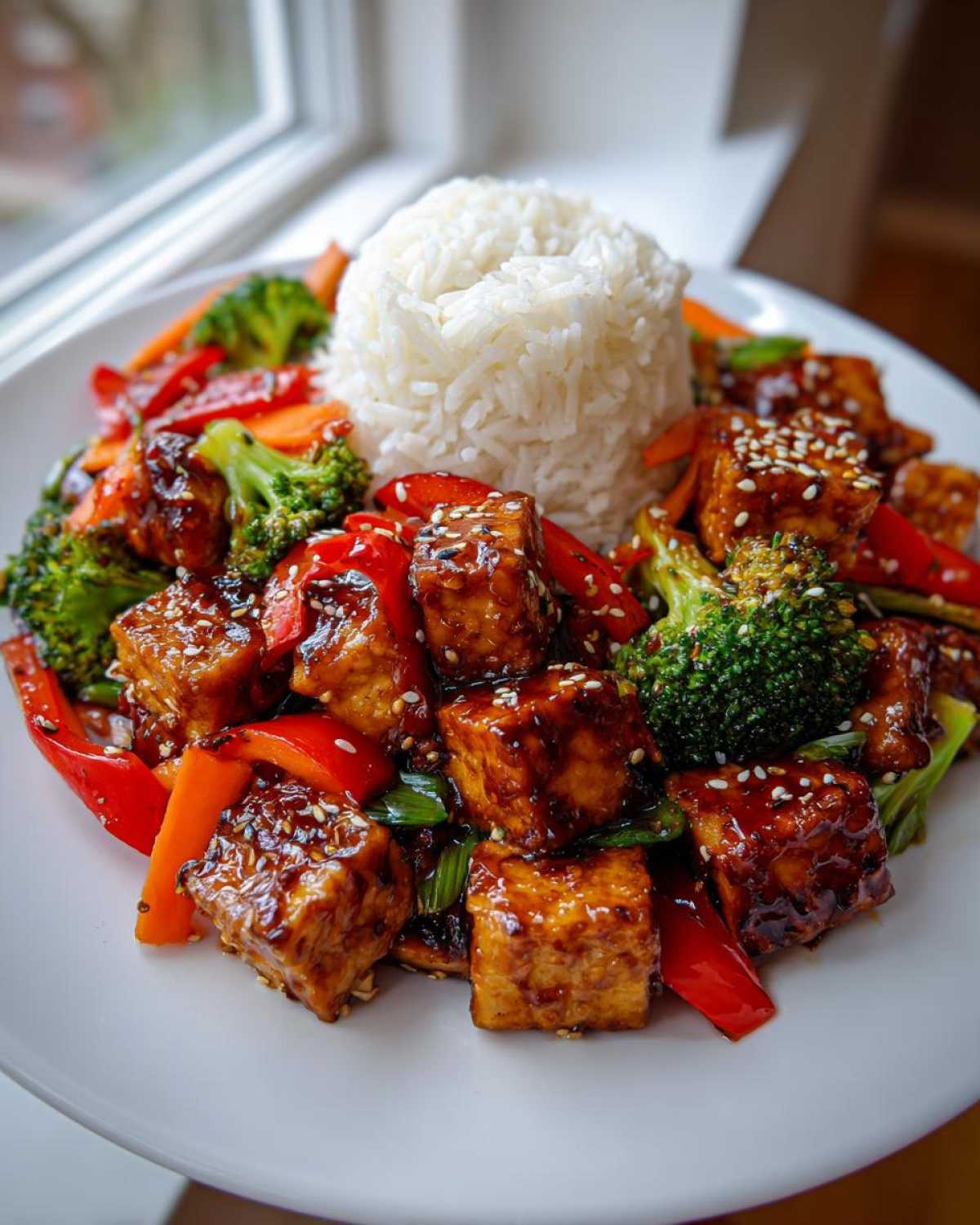 Close-up of an Asian inspired Tofu Dish With Rice and Vegetables, featuring glazed tofu cubes, broccoli, peppers, and a mound of white rice.