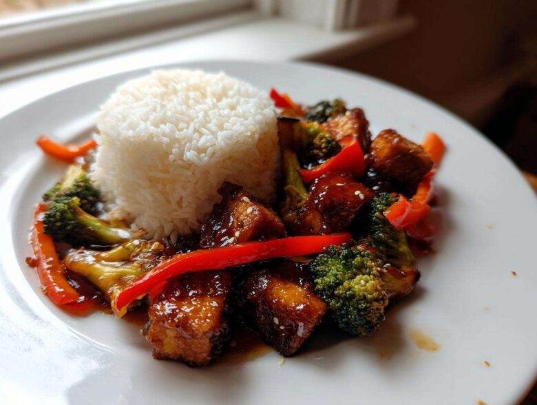 A plate featuring an Asian inspired Tofu Dish With Rice and Vegetables, glazed tofu cubes, broccoli, and red peppers.