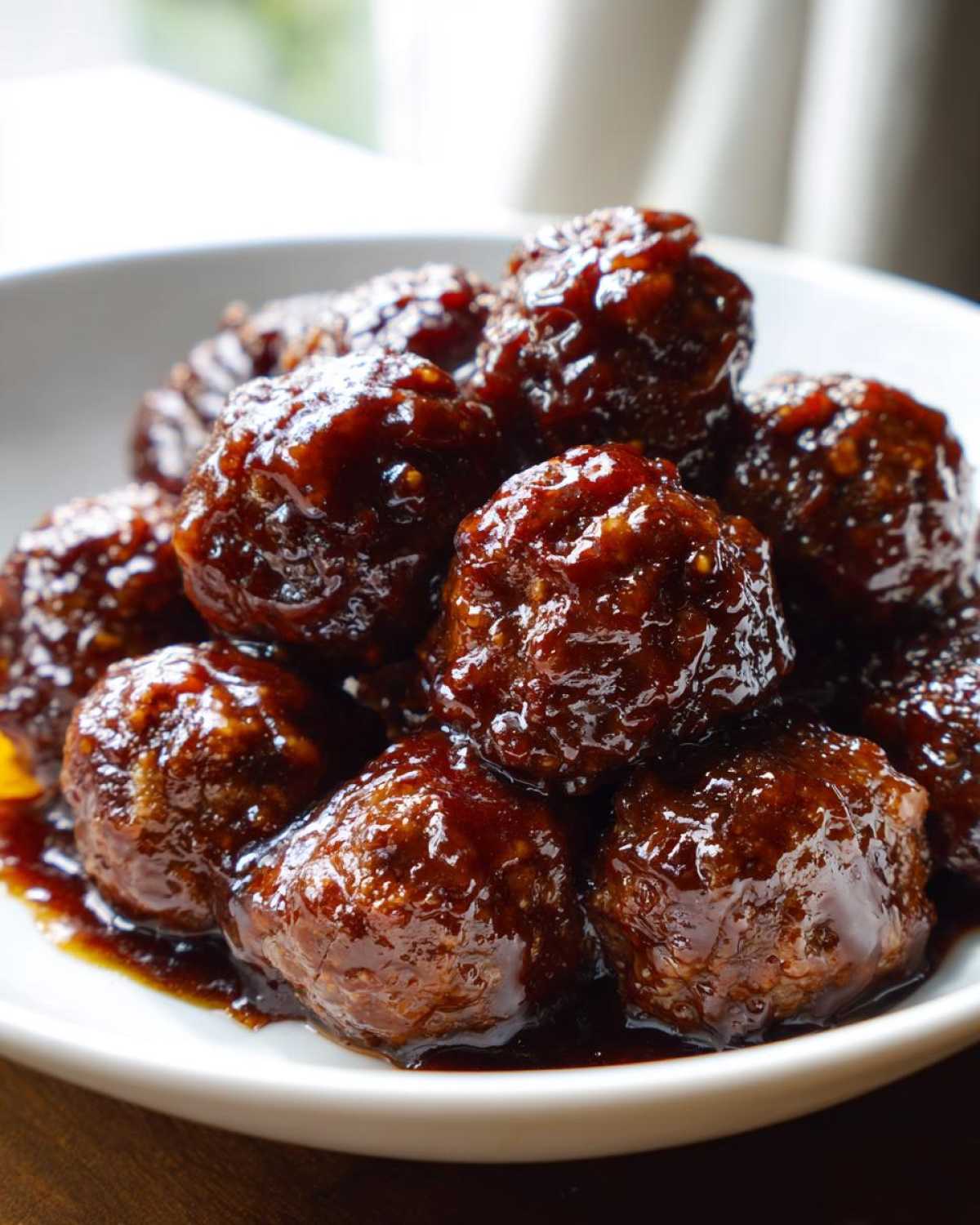 Close-up of rich, glossy Asian Meatballs Crockpot covered in a thick, dark brown sauce.