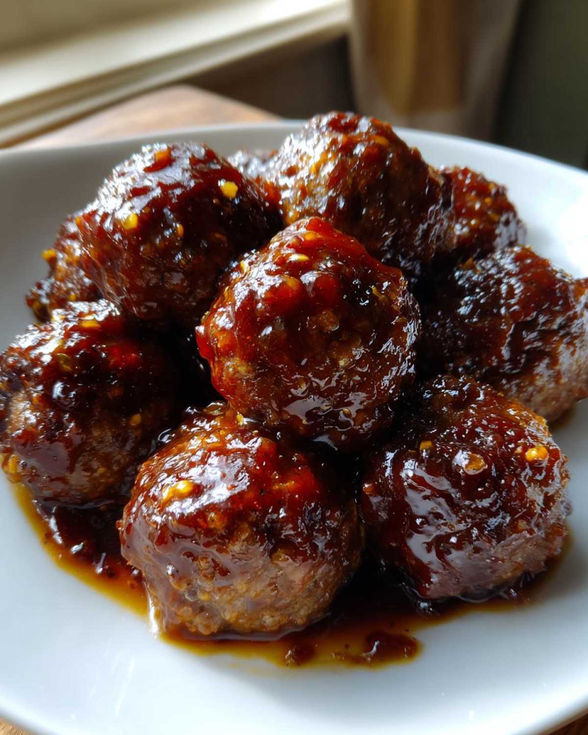 Close-up of several glazed Asian Meatballs Crockpot recipe servings piled on a white plate with rich, dark sauce.