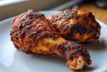 Close-up of two crispy, richly seasoned Baked Chicken Legs resting on a clean white plate.
