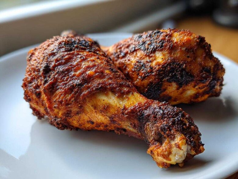 Close-up of two crispy, richly seasoned Baked Chicken Legs resting on a clean white plate.