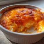 Close-up of baked cottage cheese buffalo chicken dip with a melted, bubbly orange cheese topping in a white baking dish.